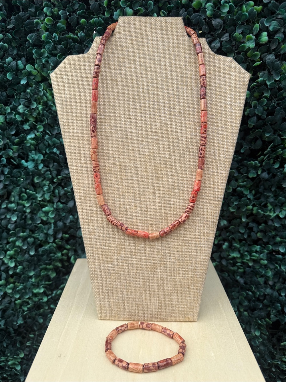 Handcrafted Red And Brown Wooden Beaded Necklace & Bracelet Set